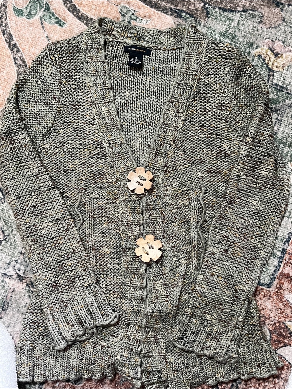 Y2K BCBGMaxAzria Olive Knit Cardigan with Wooden Flower Buttons Size Medium